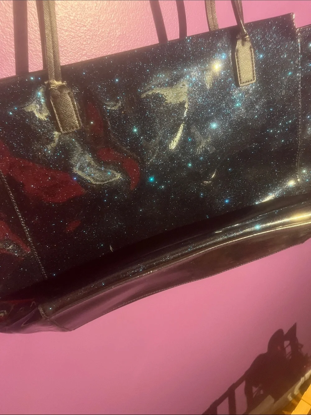 kate spade Sparkly Blue Galaxy Tote with Black bow and strap